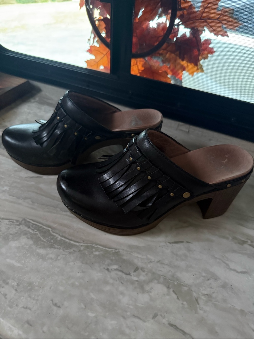 Dansko black Fringe Clog Heels